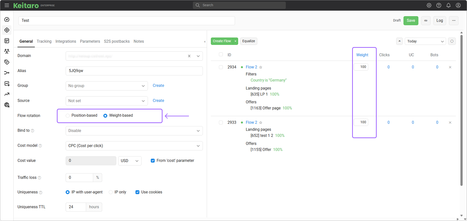 Example of flow split testing setup