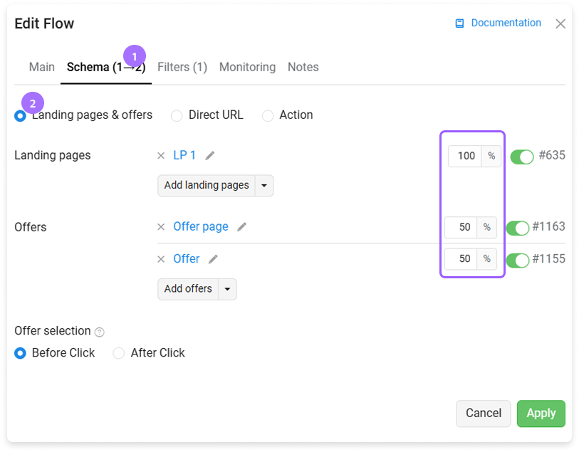 Example of landing page and offer split testing setup